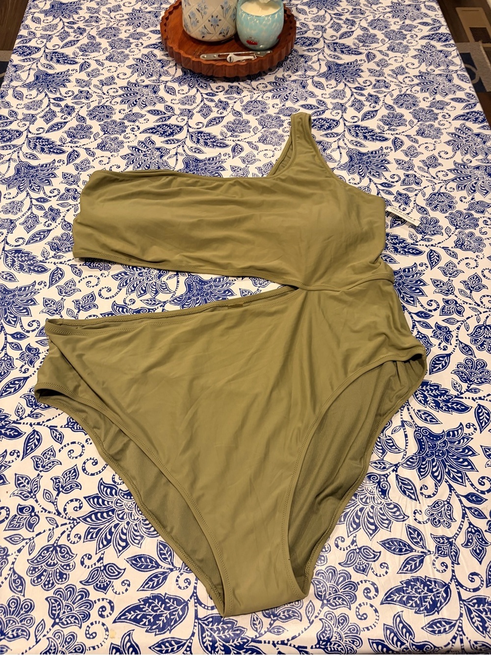 NWT Old Navy Plus Size 4X One -Shoulder Olive Green Cutout Swimsuit